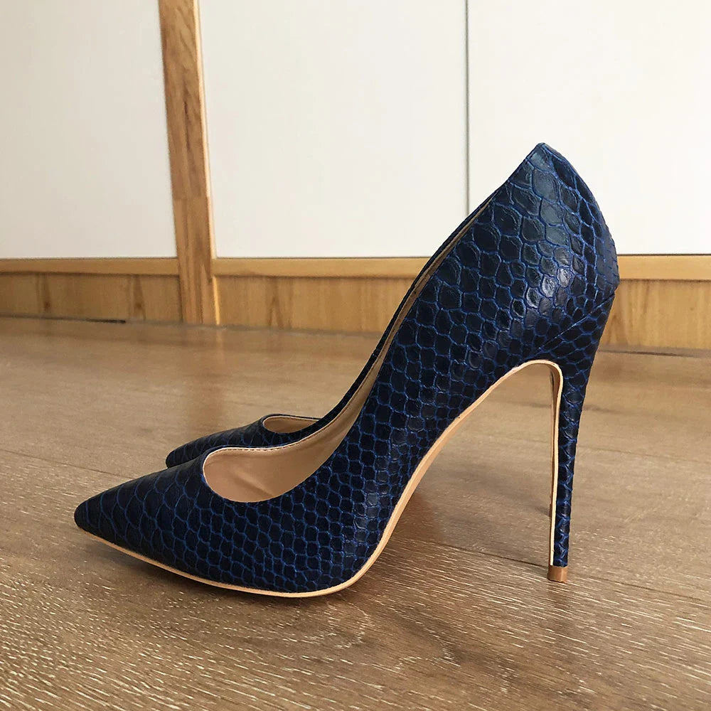 Futurecen Sexy Women Snakeskin Embossed Extremely High Heel Party Shoes Italian Style Navy Blue Fashion Ladies Stilettos Pumps