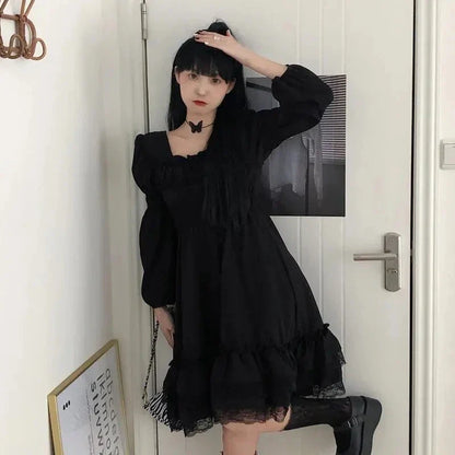 binfenxie Gothic Black Lace Ruffle Dress For Girls Princess Party Ruched Fairy Grunge Long Sleeve Dresses Woman Fashion Korean