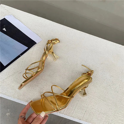 Fashion Gold Silver Sandals Thin Low Heel Lace Up Rome Summer Gladiator Women Casual Narrow Band Shoes