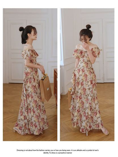 binfenxie Women Maxi Floral Ruffle Dress Summer Runway Boho Vintage French Fairy Dress Honeymoon Vacation Party Prom Dress Long New