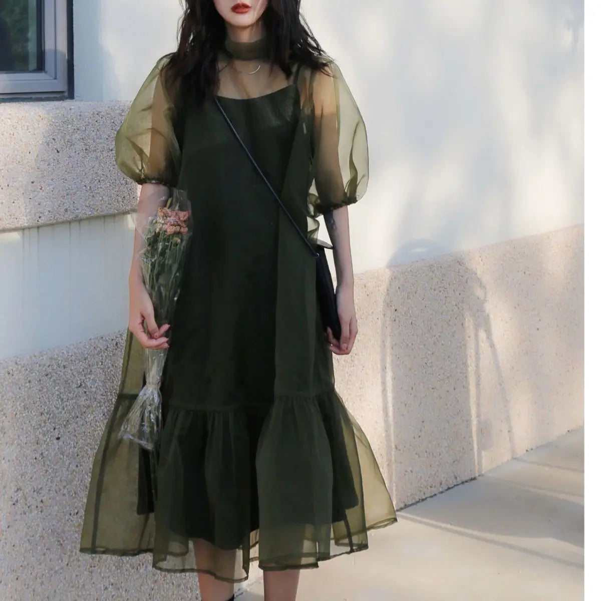 Vintage High Street Midi Dress Women Loose Puff Sleeve Fairy Korean Party Dress Female Streetwear Casual Y2k Dress Summer