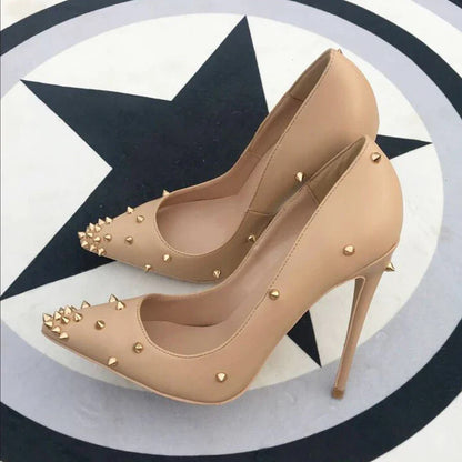 Futurecen  Nude Matte Women Fashion Sexy Spikes Pointed Toe Thin Stiletto Pumps Slip On High Heel Party Shoes Plus Size 10 11 12