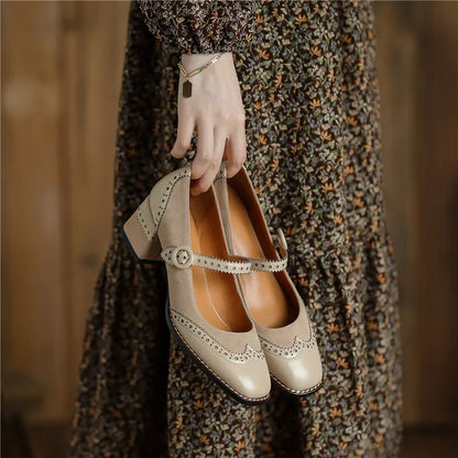 Genuine Leather Mary Jane Women's Shoes Fashion Retro Buckle Shallow Pumps Square Toe Thick Heel Handmade Shoes Woman Size 34-40