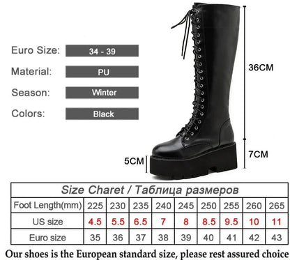 binfenxie   Chunky Platform Heels Pu Leather Knee High Boots Women Retro Punk Long Boots Woman Lace Up Booties  New Fall