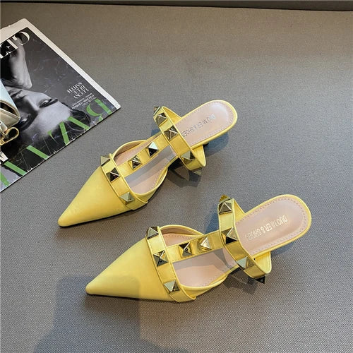 binfenxie  New Rivet Pointed Thin Heel Baotou Half Slipper Female Middle Heel Shallow Mouth Lazy Mueller Shoes