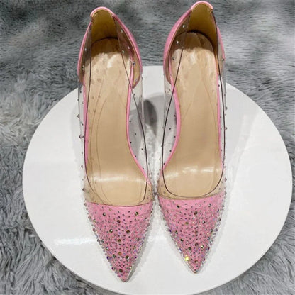 Futurecen Women Patchwork Transparent Rhinestones Pointy Toe Stiletto Pumps Goegeous Ladies Slip On High Heel Wedding Party Shoes