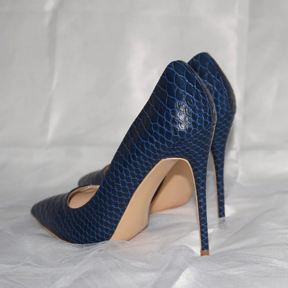 Futurecen Sexy Women Snakeskin Embossed Extremely High Heel Party Shoes Italian Style Navy Blue Fashion Ladies Stilettos Pumps