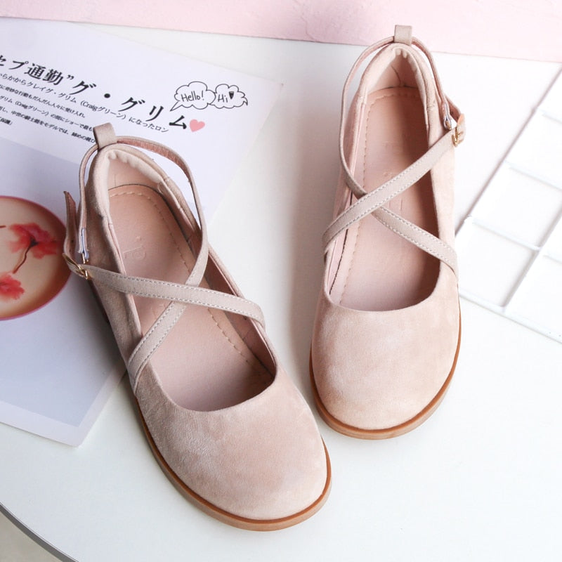 Women's Shoes Japanese Retro Mary Jane Literature Soft Girl Student Buckle Mid Heel 3cm Gentle Wind Fairy Ballet Genuine Leather