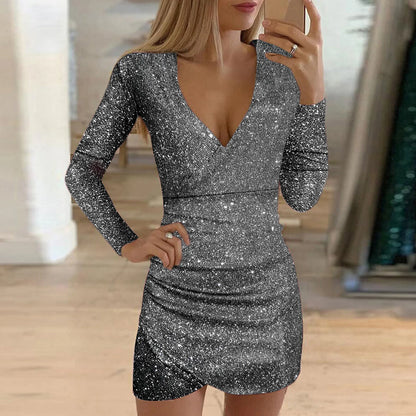 binfenxie Silver Sequins Party Dress Women Sexy Glitter Fabric V Neck Long Sleeve Dresses Slim Elegant Ladies Night Club Dress Vestidos