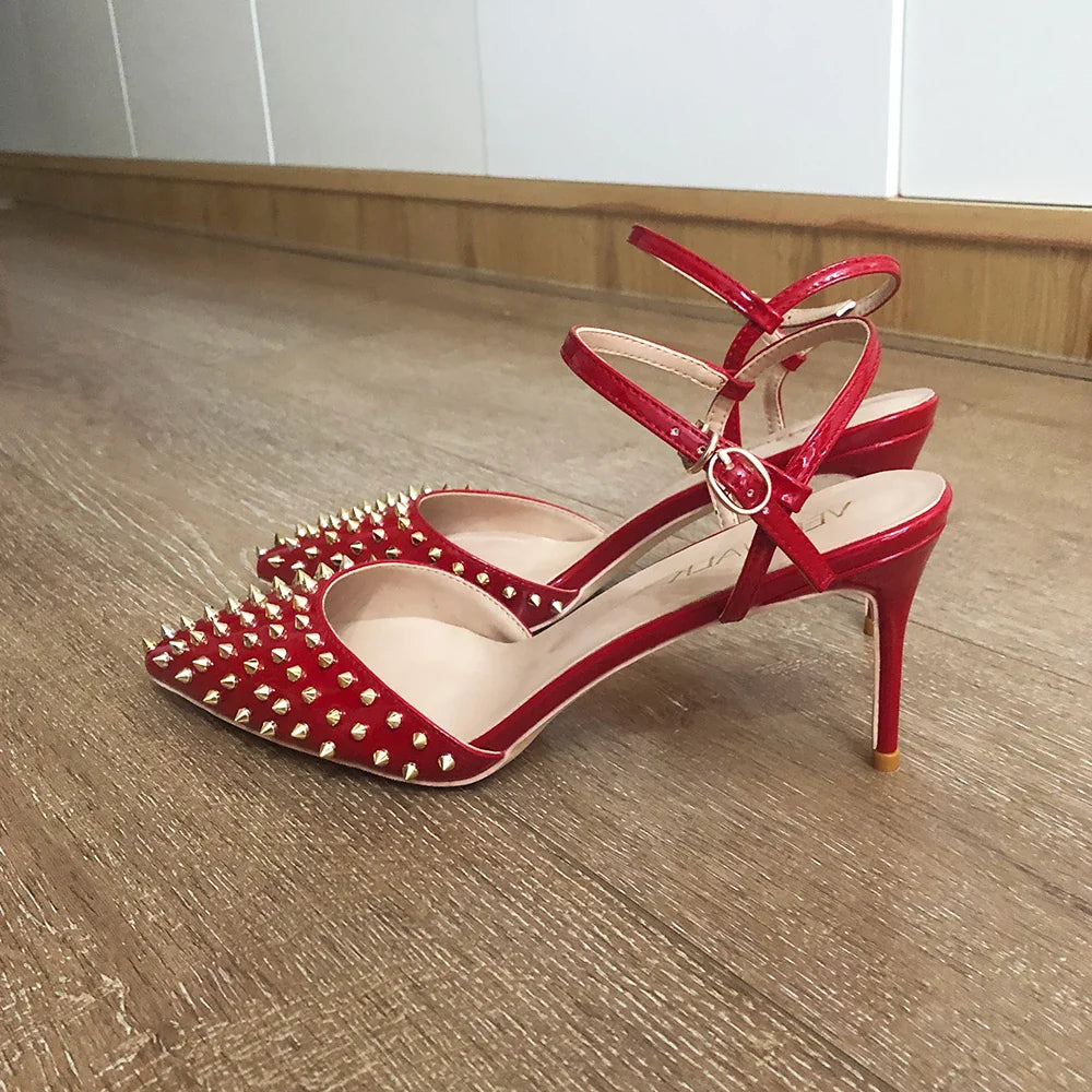 Futurecen Summer Women Red Pointed Toe High Heel Slingbacks Shoes with Spikes Ankle Buckles Sexy Stiletto Pumps for Party 8-12cm