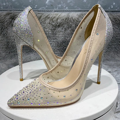 12cm Women's Mesh Rhinestone Sequined Stiletto Heels Shoes Pointed Toe Heels