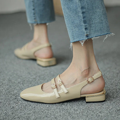 binfenxie Women Sandals Summer Shoes Woman Flats Double Buckle Mary Janes Shoes Patent Leather Dress Shoes Back Strap Zapatos