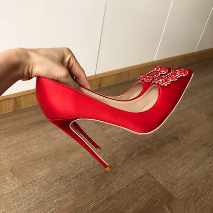 Futurecen Crystal Decor Women Red Satin Pointed Toe Stiletto Pumps 8-12cm High Heel Wedding Bridal Shoes Colors Customizable