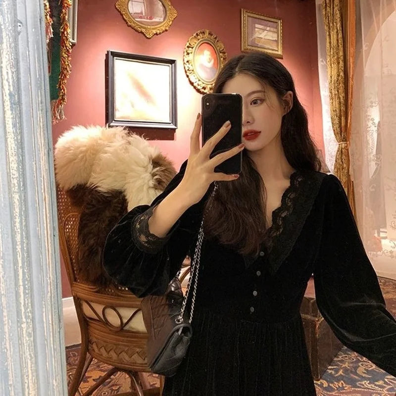 binfenxie French Vintage Dress Women Lace Velvet Black Elegant Party Dress Female Autumn 2020 High Waist Long Sleeve Midi Gothic Dress