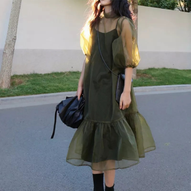 Vintage High Street Midi Dress Women Loose Puff Sleeve Fairy Korean Party Dress Female Streetwear Casual Y2k Dress Summer