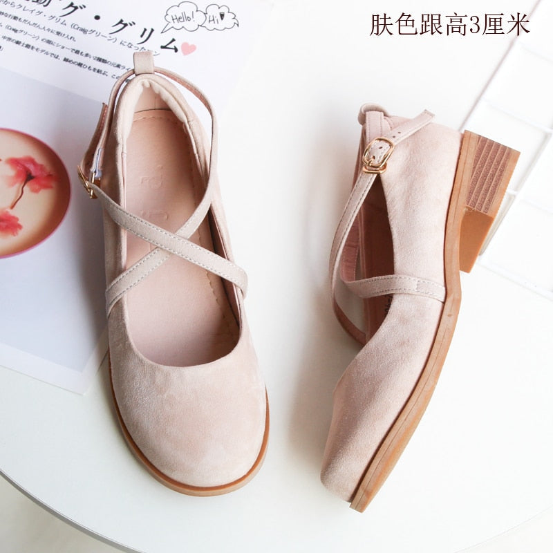 Women's Shoes Japanese Retro Mary Jane Literature Soft Girl Student Buckle Mid Heel 3cm Gentle Wind Fairy Ballet Genuine Leather