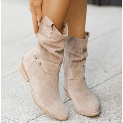 Winter Warm Suede Women Boots Vintage Zipper Shoes Buckle Lady Mid-Calf Boot Outdoor Thick Low Heel Female Pointed Booties