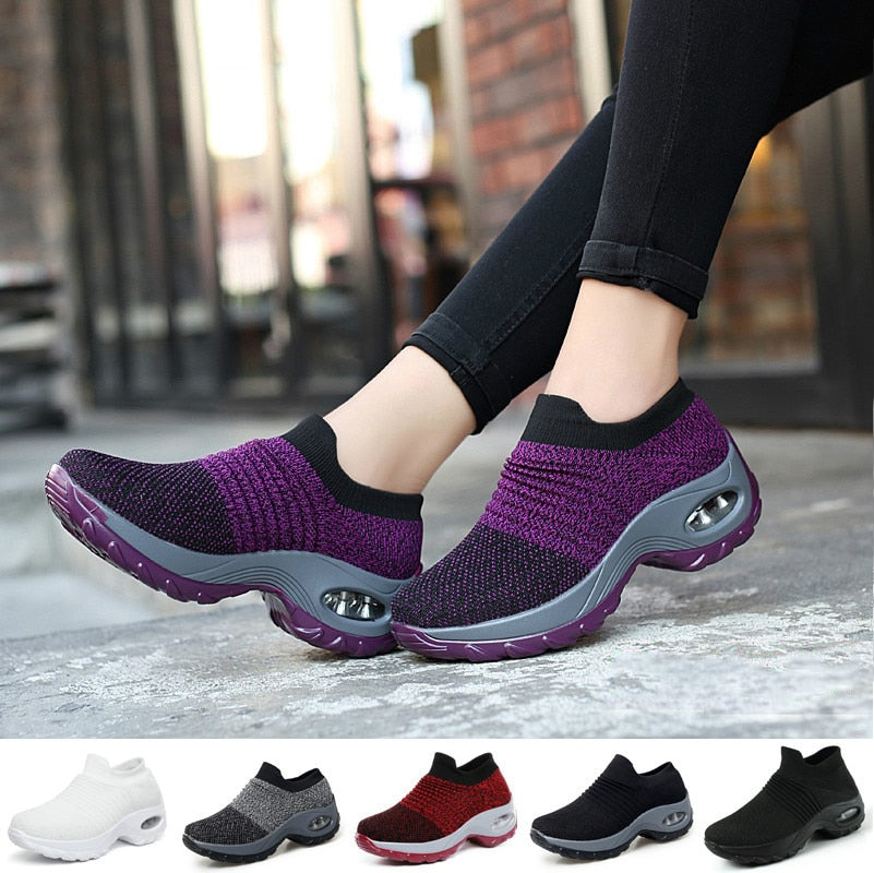 Women's Walking Shoes Fashion Air Cushion Thick Bottom Sneakers Slip-on Lightweight Breathable Casual Shoes