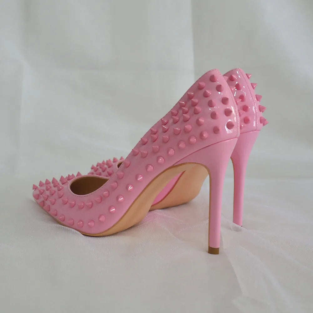 Futurecen Light Pink Women Rivets Pointy Toe High Heels Sexy Ladies Slip On Stilettos Pumps Chic Spikes Heeled  Party Shoes