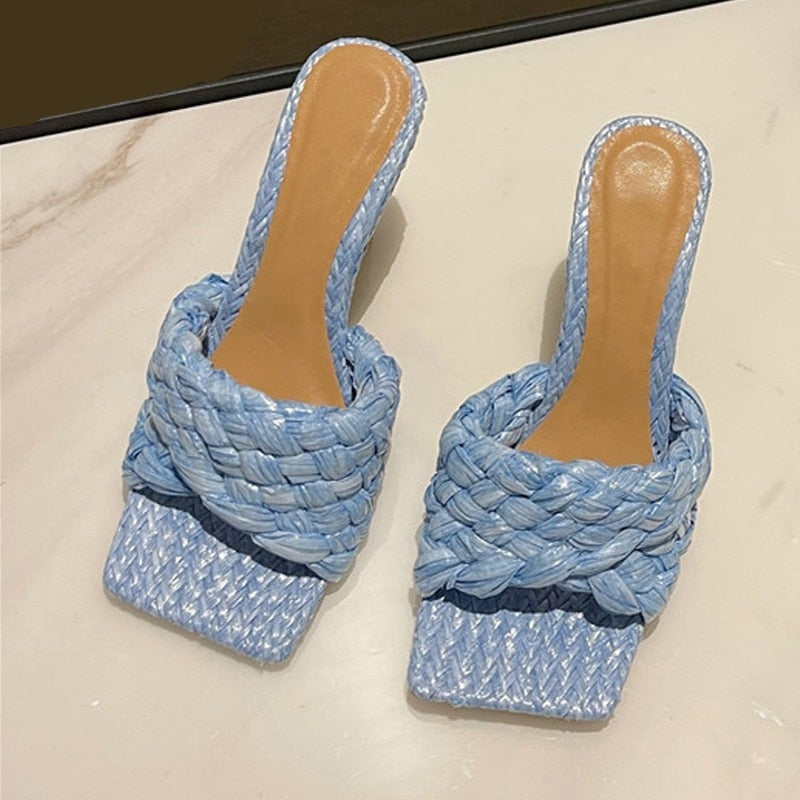 Summer Design Weave Square Toe Heels High Quality Slippers Gladiator Beach Womens Sandal Slides Shoes