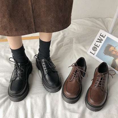 Spring Autumn Women Oxford Shoes Flat on Platform Casual Shoes Black Lace Up Leather Shoes Sewing Round Toe zapatos mujer 8901N