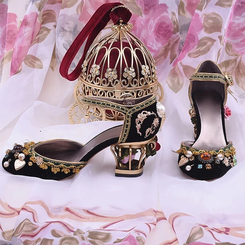 Red Velvet Flower Heels Woman Shoes Retro Birdcage Applique Embroidery Sandals Shoes String Bead Ankle Strap Runway Shoes