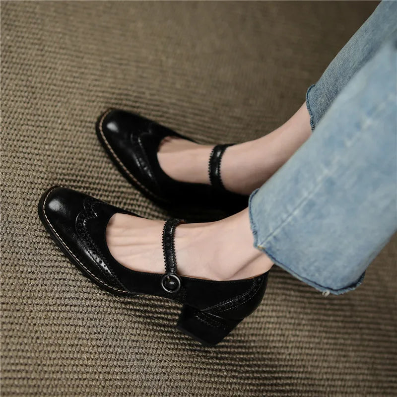 Genuine Leather Mary Jane Women's Shoes Fashion Retro Buckle Shallow Pumps Square Toe Thick Heel Handmade Shoes Woman Size 34-40