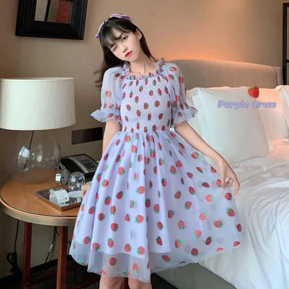 binfenxie Strawberry Dress Women French Style Lace Chiffon Sweet Dress Casual Puff Sleeve Elegant Printed Kawaii Dress Women New