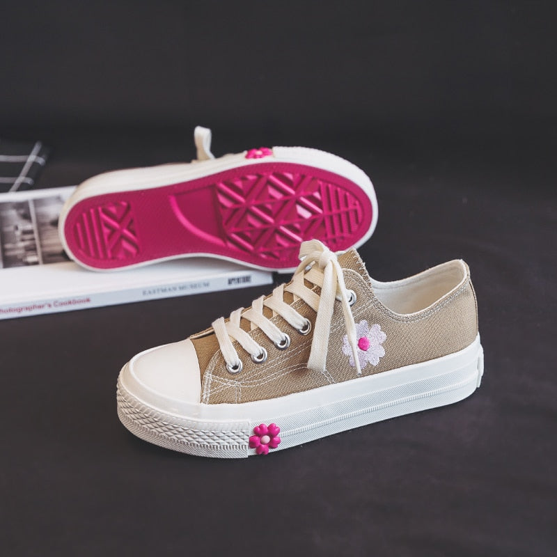 Embroidered Flower Student Lolita Shoes Fashion Canvas Women  Spring Student Board Sports Running Low/high Top Sneakers