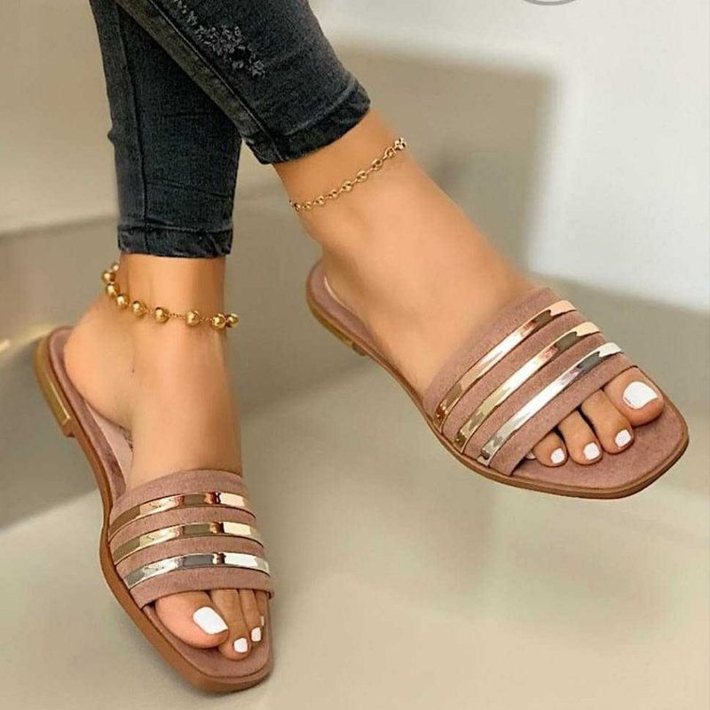 Summer Beach Flat Sandals Women PU  Fashion Comfortable Slippers Summer Lazy Outdoor Sexy Anklet Golden Wedge Sandals Ladie