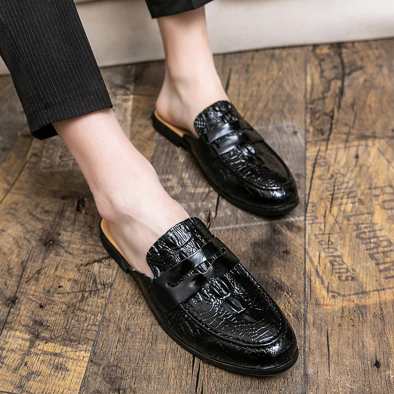 Summer Men Shoes Men Half Slippers High Quality Men Crocodile pattern Leather Casual Shoes Loafers Flip Flops Lightweight Flats