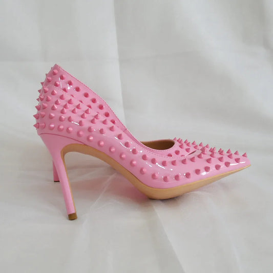 Futurecen Light Pink Women Rivets Pointy Toe High Heels Sexy Ladies Slip On Stilettos Pumps Chic Spikes Heeled  Party Shoes