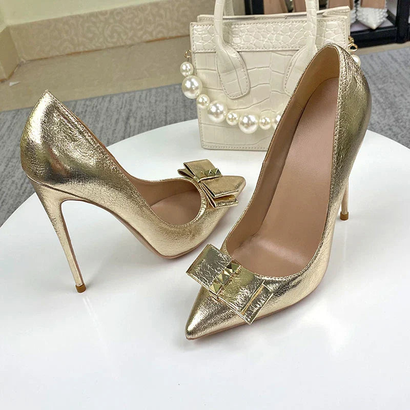 Futurecen  Glitter Gold Bow Women Pointed Toe Stiletto Pumps Ladies Slip On High Heel Wedding Dress Shoes Plus Size 33-45 8-12cm