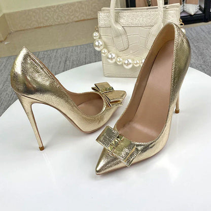 Futurecen  Glitter Gold Bow Women Pointed Toe Stiletto Pumps Ladies Slip On High Heel Wedding Dress Shoes Plus Size 33-45 8-12cm