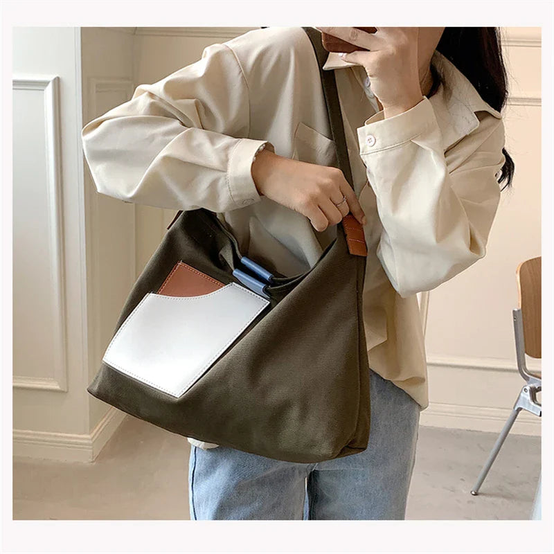 binfenxie  Large Capacity Canvas Tote Bags for Women New Contrast Color Bucket Travel Bag Simple Fashion Girl's Shopper Shoulder Totes