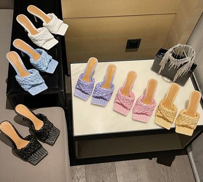 Summer Design Weave Square Toe Heels High Quality Slippers Gladiator Beach Womens Sandal Slides Shoes