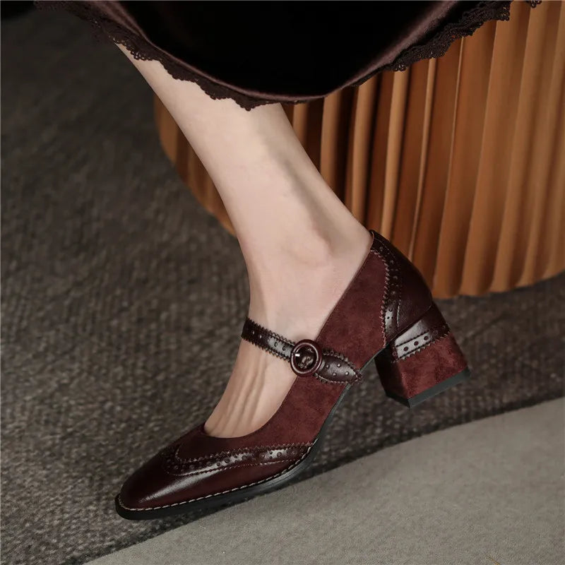 Genuine Leather Mary Jane Women's Shoes Fashion Retro Buckle Shallow Pumps Square Toe Thick Heel Handmade Shoes Woman Size 34-40