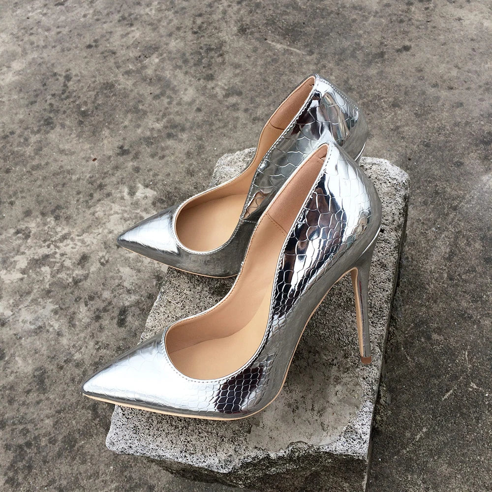 Futurecen Shiny Sexy Snakeskin Pattern Extreme High Heels Stiletto Pointed Toe Party Bridal Pumps Wedding Bride Shoes Silver Gold