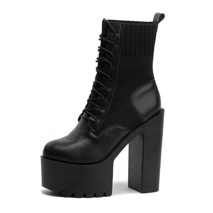 binfenxie   New Fetish Platform Boots Woman Sexy Chunky Heel Front Lace Up Sock Boots Women Ankle Boots Thick Heel Shoe Black Design