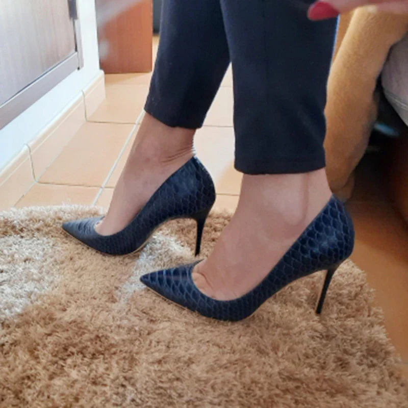 Futurecen Sexy Women Snakeskin Embossed Extremely High Heel Party Shoes Italian Style Navy Blue Fashion Ladies Stilettos Pumps