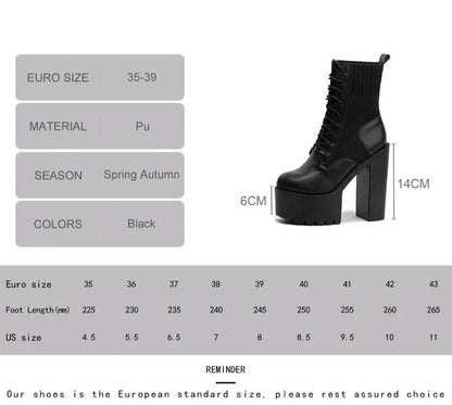 binfenxie   New Fetish Platform Boots Woman Sexy Chunky Heel Front Lace Up Sock Boots Women Ankle Boots Thick Heel Shoe Black Design