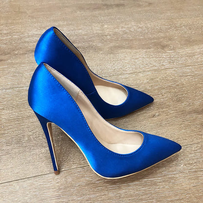 Futurecen Royal Blue Women Silk Satin Stilettos High Heels Elegant Ladies Fashion Pointed Toe Slip-on Pumps Party Dress Shoes