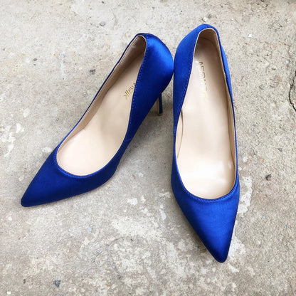 Futurecen Royal Blue Women Silk Satin Stilettos High Heels Elegant Ladies Fashion Pointed Toe Slip-on Pumps Party Dress Shoes