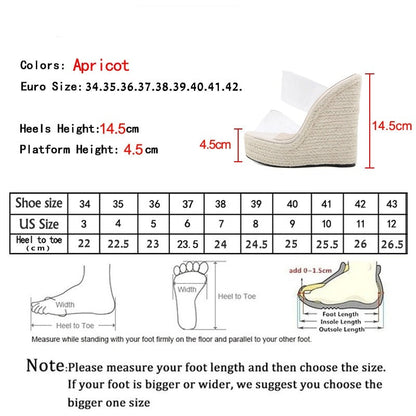 Summer PVC Transparent Peep Toe Cane Straw Weave Slippers Platform Wedges Sandals Women Fashion High Heels Female Shoes