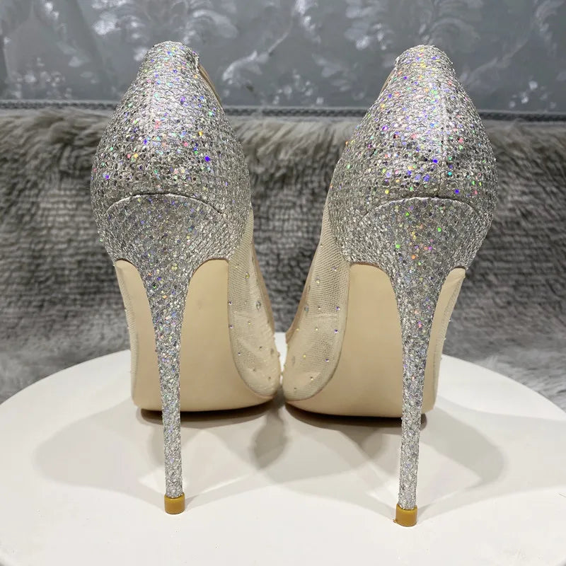 12cm Women's Mesh Rhinestone Sequined Stiletto Heels Shoes Pointed Toe Heels