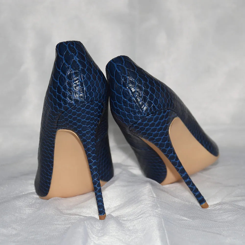 Futurecen Sexy Women Snakeskin Embossed Extremely High Heel Party Shoes Italian Style Navy Blue Fashion Ladies Stilettos Pumps