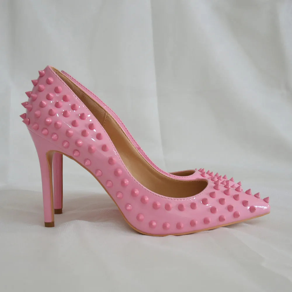 Futurecen Light Pink Women Rivets Pointy Toe High Heels Sexy Ladies Slip On Stilettos Pumps Chic Spikes Heeled  Party Shoes