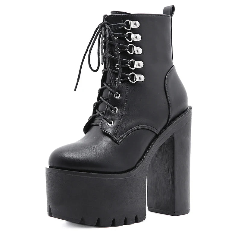 binfenxie   Ultra High Heels Women Motorcycle Boots Gothic Style Sexy Rivet Black Soft Leather Platform Chunky Heel Punk Knight Boots