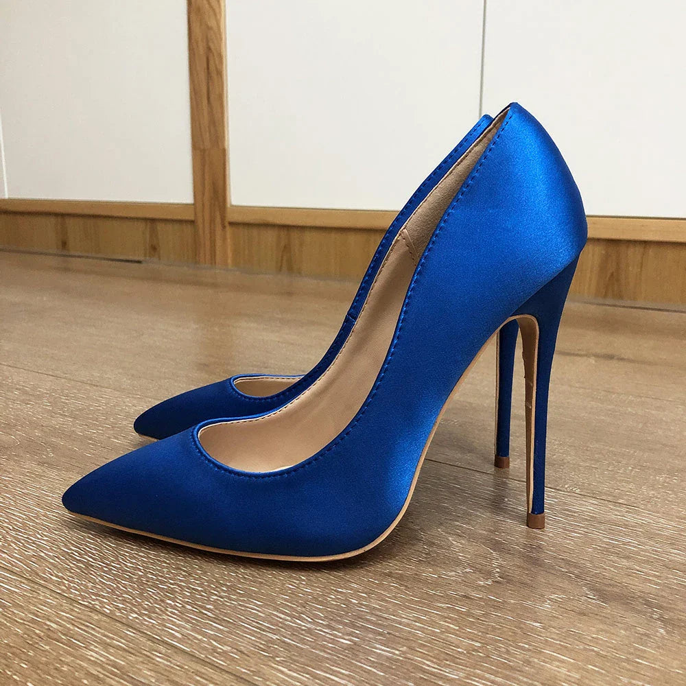 Futurecen Royal Blue Women Silk Satin Stilettos High Heels Elegant Ladies Fashion Pointed Toe Slip-on Pumps Party Dress Shoes