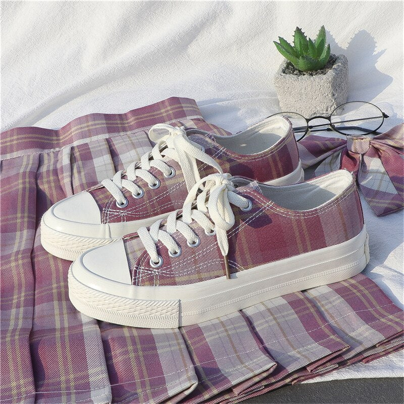 Spring New Jk Plaid Low Top Canvas Shoes For Women Japanese High School Students College Lolita Shoe Chunky Platform Sneakers